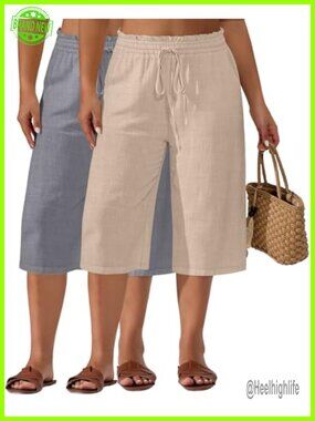 2 Pack Women's Plus Size Linen Wide Leg Capri Pants with Pockets